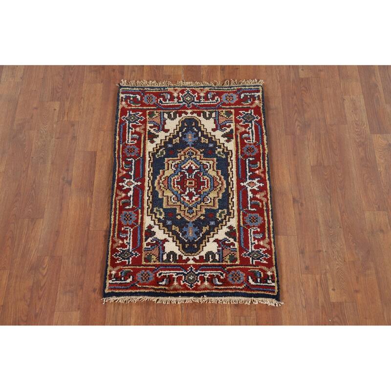 Traditional Heriz Serapi Accent Rug Hand-Knotted Blue Wool Carpet - 2'0" x 3'0"