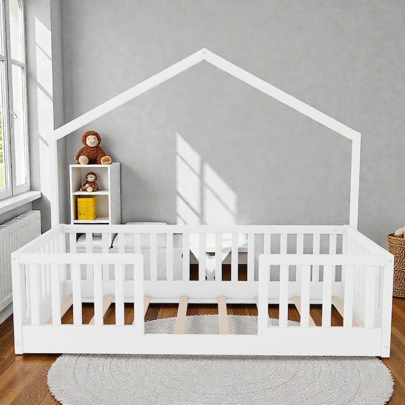 Wood Floor Bed with High Guardrails and LED Light, Montessori Style Low Profile Bed for Kids