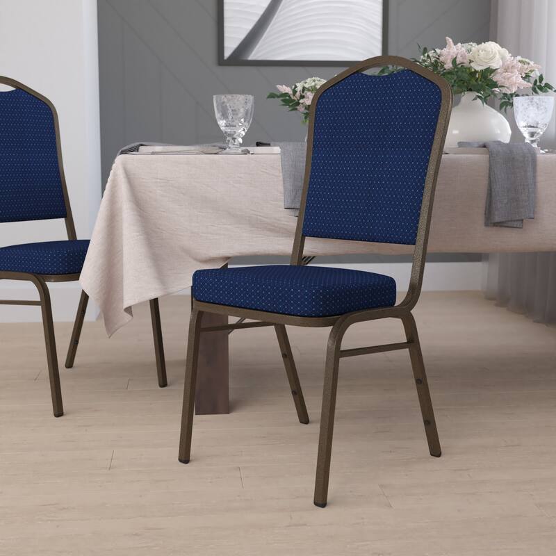 Crown Back Stacking Banquet Chair - Navy Blue Patterned Fabric/Gold Vein Frame