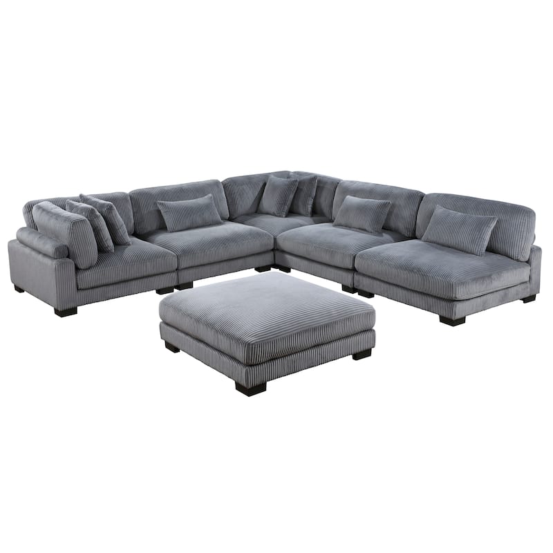 Braidy Corduroy 6-Piece Modular Sectional with Ottoman - Grey