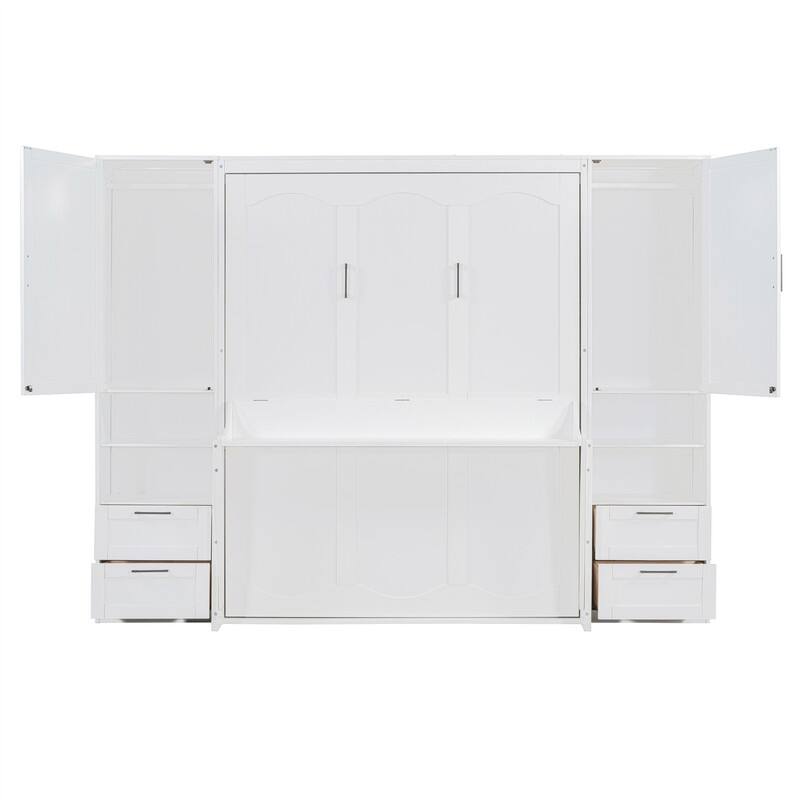 Queen Size Murphy Bed Wall Bed with 2 Wardrobes and 4 Storage Drawers, Foldable Murphy Cabinet Bed w/Open Storage Shelves& Stool