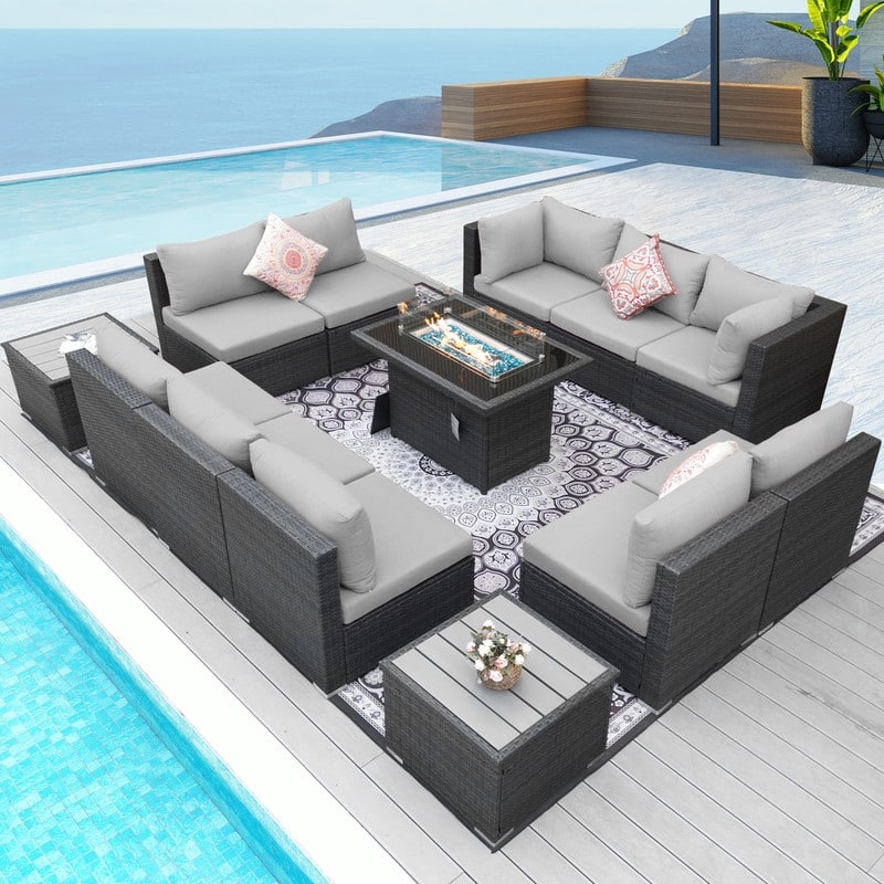 FINCATI Patio Outdoor Wicker Furniture Set Sectional Sofa with Firepit - LIGHTGRAY