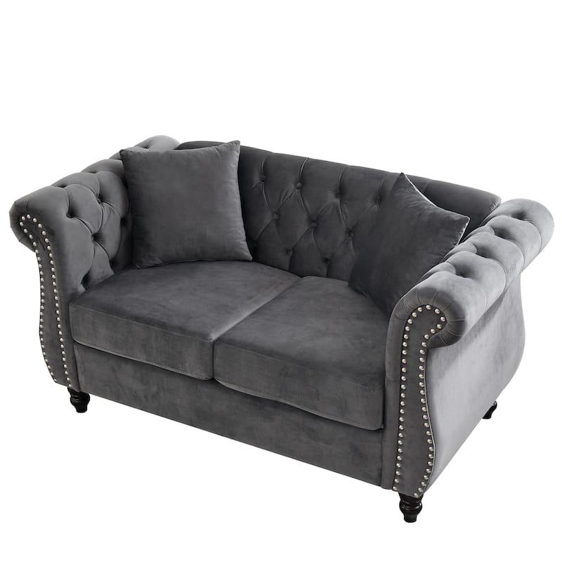 Anmytek Velvet Chesterfield 2-Seater Sofa - Tufted with Rolled Arms Nailhead and 2 Pillows