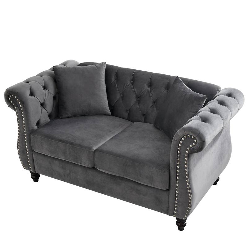 Velvet Chesterfield Upholstered Sofa, Low Back Tufted Sofa with 2 Pillows, 2 Seater Sofa with Nailhead Trim & Rolled Arms