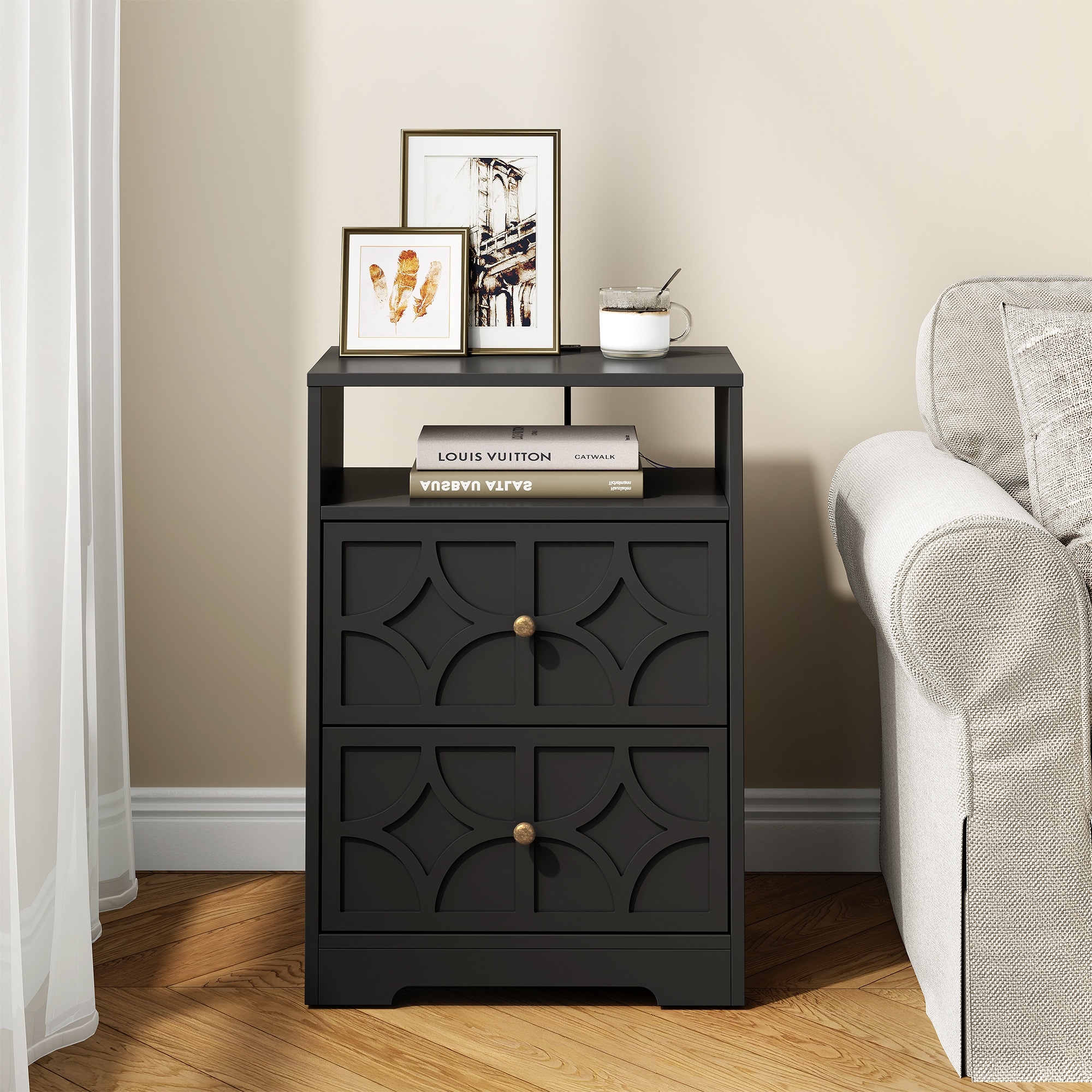 Large Night Stand with 2 Drawers and Charging Station