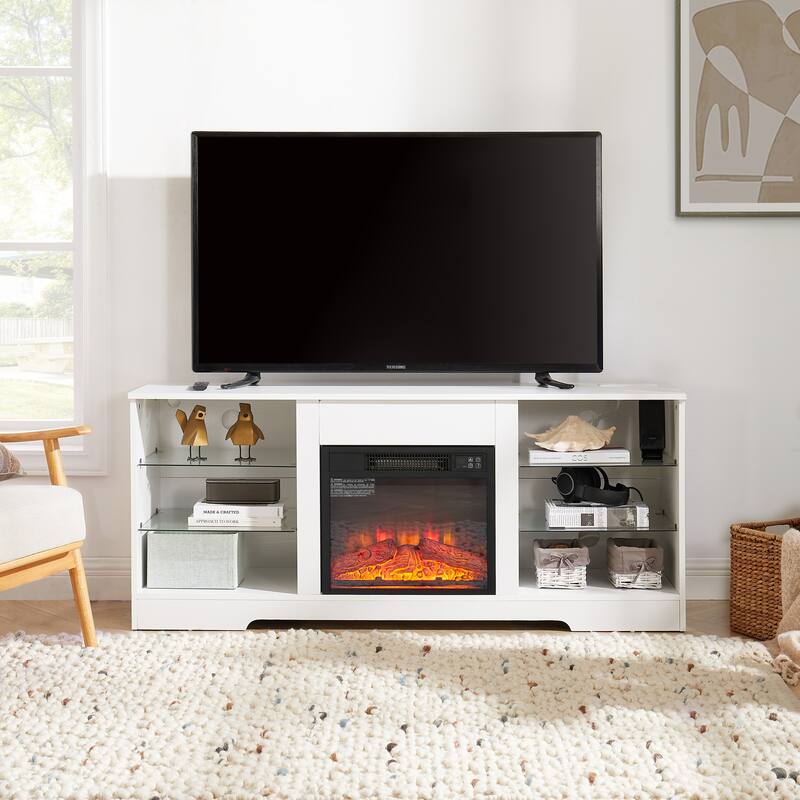 Modern 3D Fireplace TV Stand with USB Ports, LED Color Options, and Glass Storage Shelves for TVs 32-62'' - Black