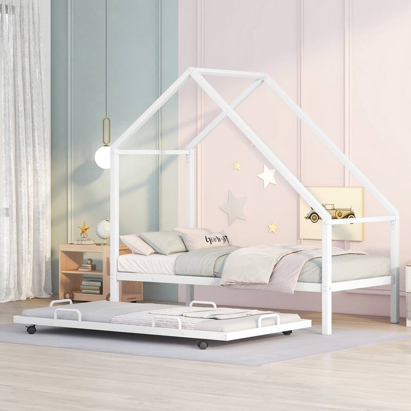 Twin Size House Bed with Trundle, Roof & 4 Wheels, Metal Montessori