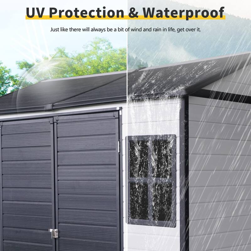 Resin Outdoor Storage Shed UV-Proof Garden Tool Shed with Sloping Roof & Lockable Double Doors, Built-in Floor
