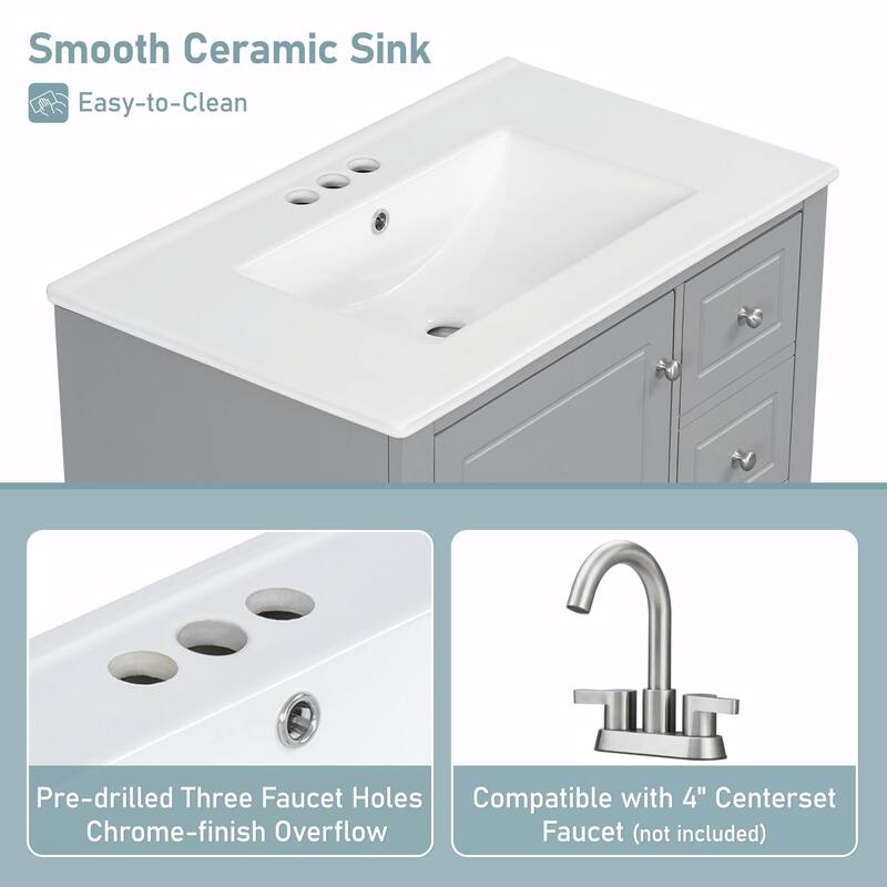 30" Bathroom Vanity with Sink, Soft-Close Door, One Door with Shelf & Three Drawers