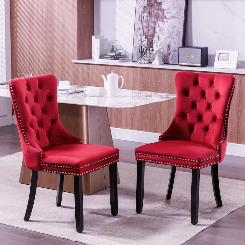 Set of 2 Hollywood Glam Velvet Dining Chairs – Tufted Back with Nailhead Trim and Ring Pull, Modern Accent Side Chairs