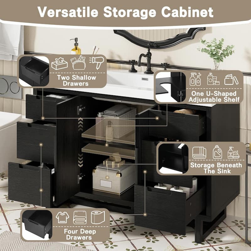 47.2" Modern Bathroom Vanity with Resin Sink, 2 Doors & 6 Drawers, Hidden Soft-Close Slides, Space-Saving Storage Cabinet
