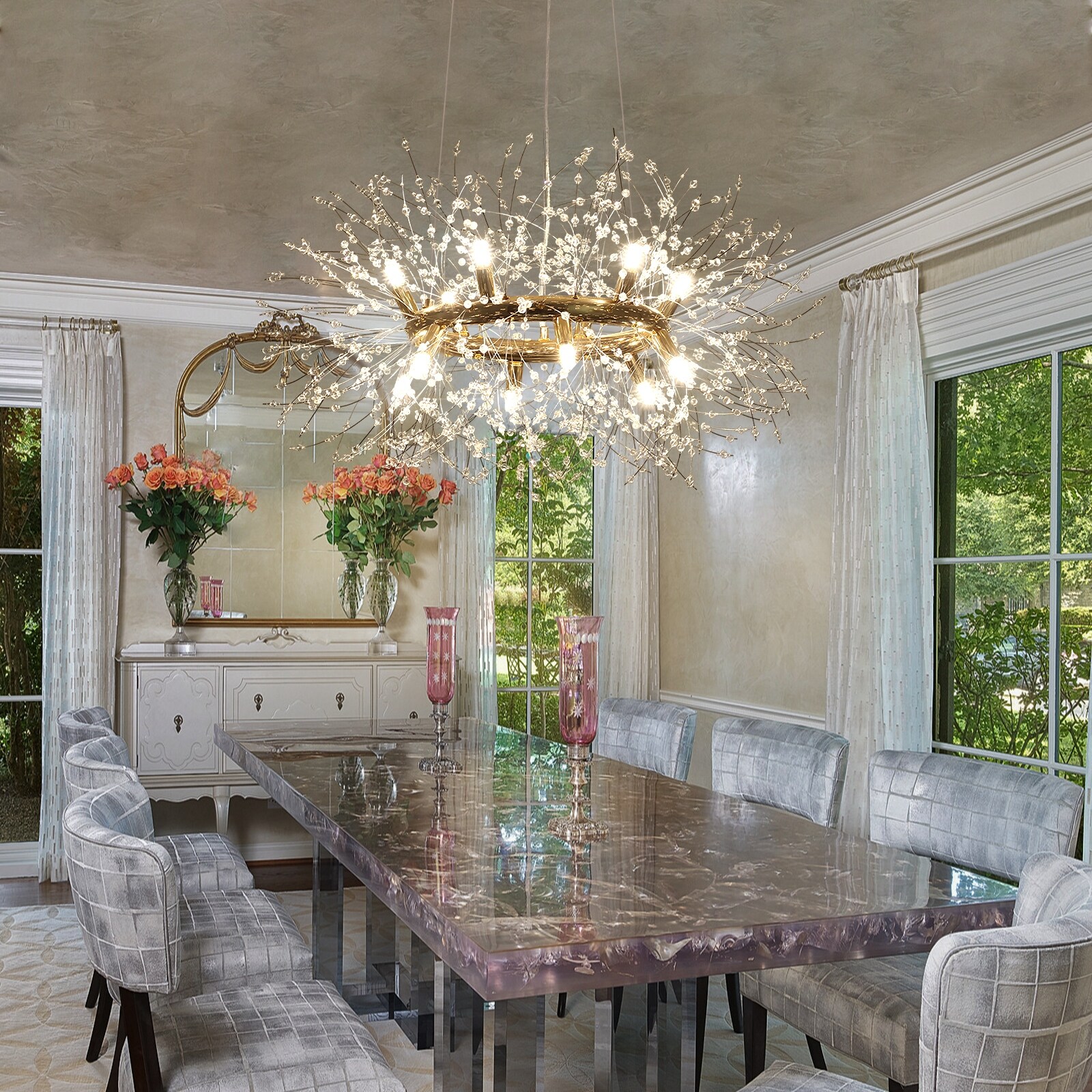 SineRise 12-Light Firework Crystal Chandelier – Chrome Finish, 22", G9 Bulbs, Height Adjustable Up To 47"