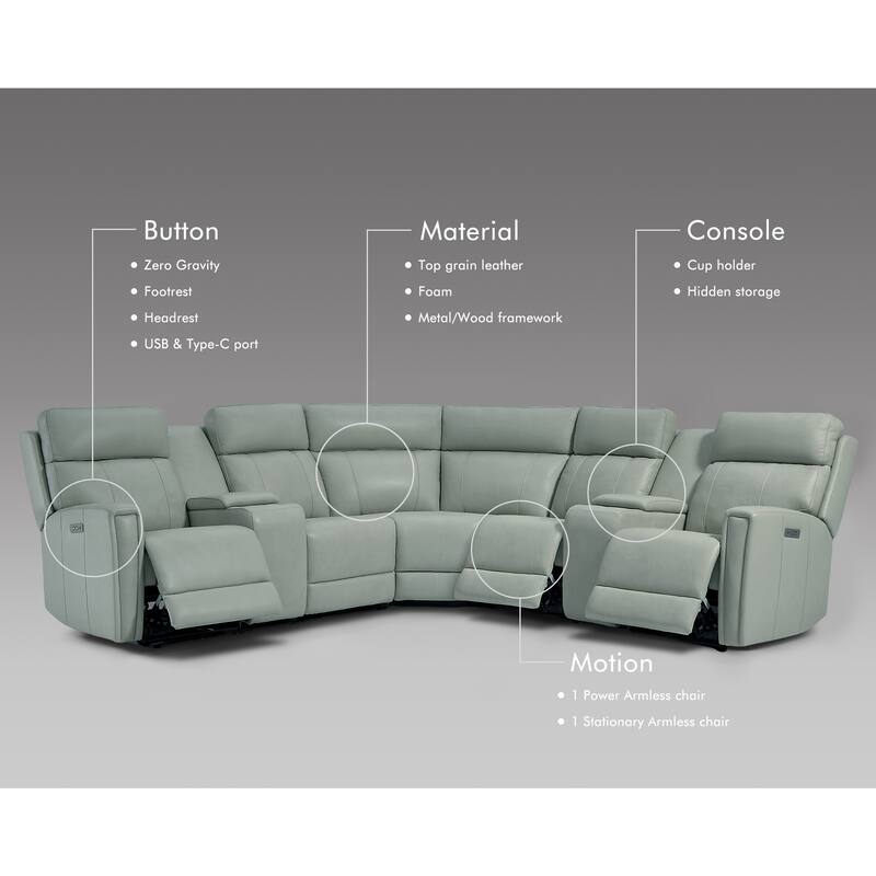 7PCS, 3 Power Recliners, Leather Reclining Sectional with Power Headrest & Lumbar, USB Port & USB-C Port