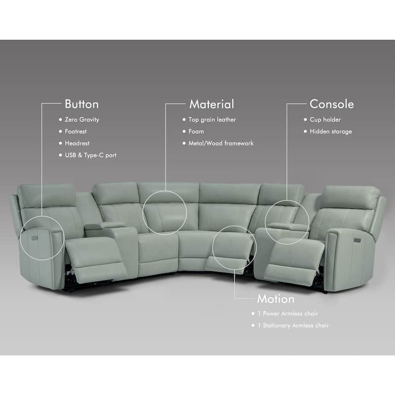Genuine Leather Power Recliner Sectional Sofa with Ajustable Headrest, USB&USB-C Port