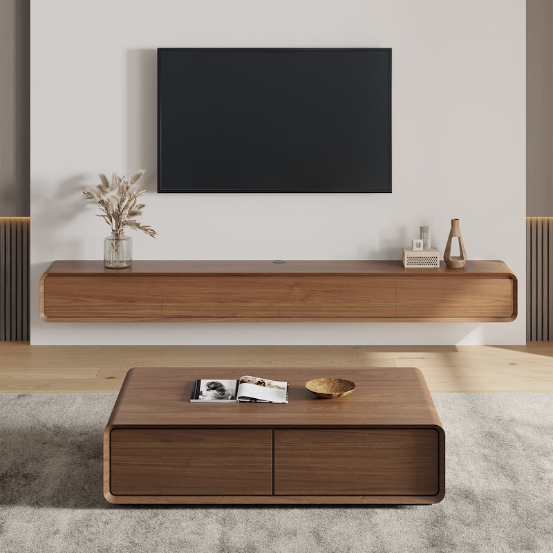 Floating Modern TV Stand for Living Room, Wall-Mounted Entertainment Center with Storage Drawers, Solid Wood, Fully-Assembled - 62.99"-3 Drawers - Brown