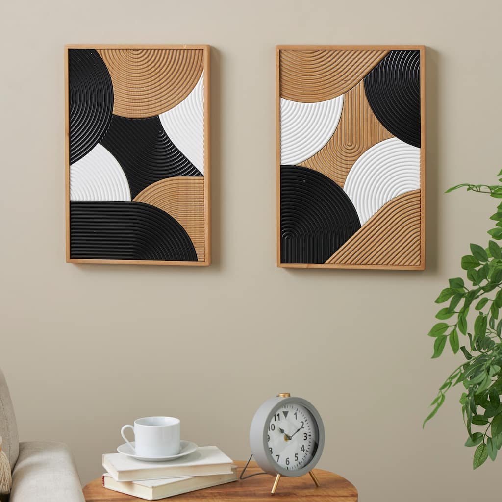 Brown Wooden Geometric Home Wall Decor with Black and White Round Forms (Set of 2)