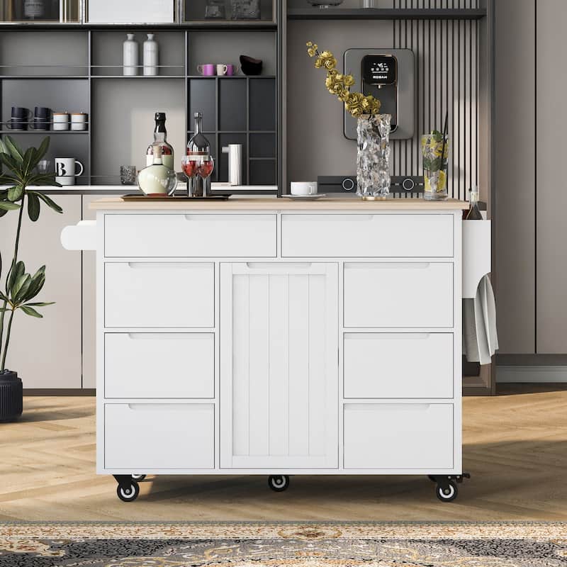 Kitchen Cart,Kitchen Island with Rubber Wood Countertop with 8 Handle-Free Drawers and 5 Wheels