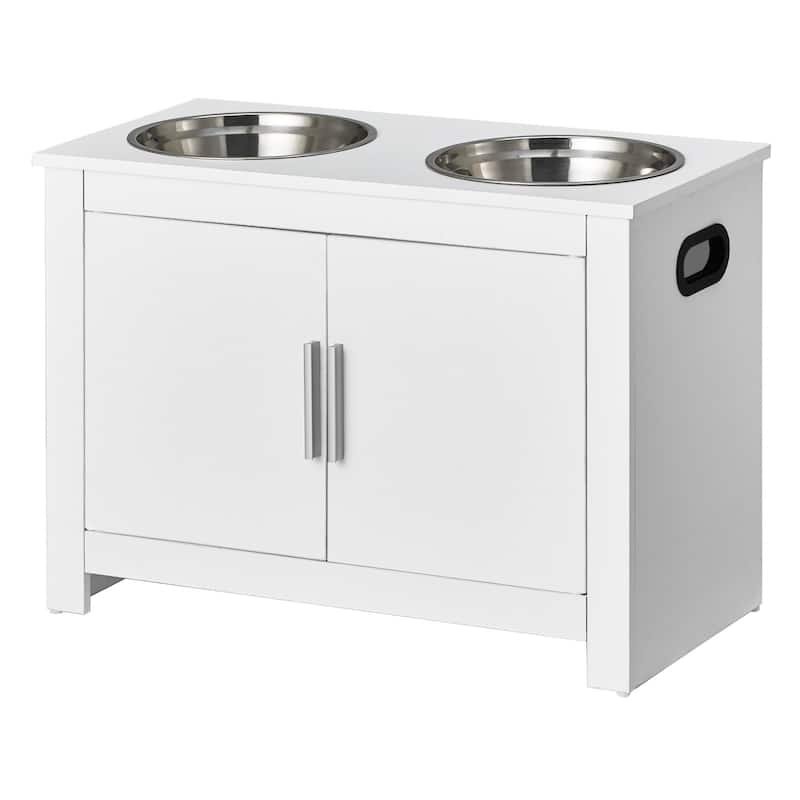 White MDF Pet Feeding Station with 2 Elevated Dog Bowls and Toy Storage Cabinet - 23.62 x 11.81 x 17.32 inch