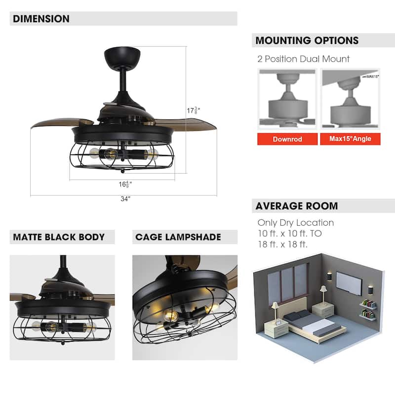 36-inch Industrial Black Retractable 3-Blade Ceiling Fan with Light Kit