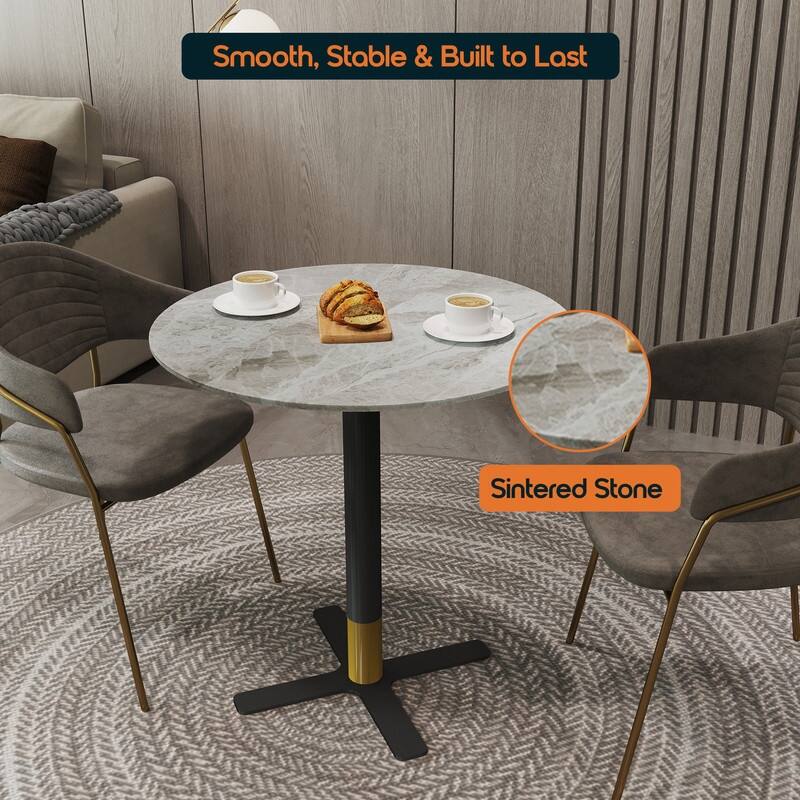 Vail Round Dining Table 27 in. Sintered Stone Tabletop in Black Stainless Steel Cross X-Shape Pedestal Base
