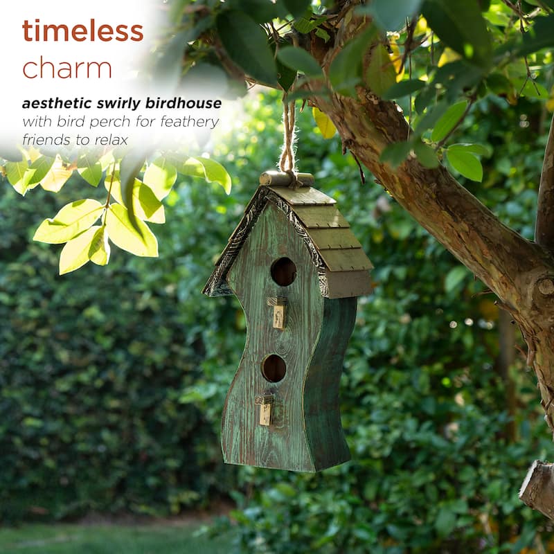 Alpine Corporation 17" Tall Outdoor Artful Swirly Hanging Wooden Birdhouse, Green