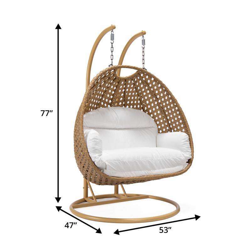LeisureMod Mendoza 2-Person Hanging Egg Swing Chair - Handcrafted Light Brown Wicker, Patio Hammock Lounger with Cushions - 53"