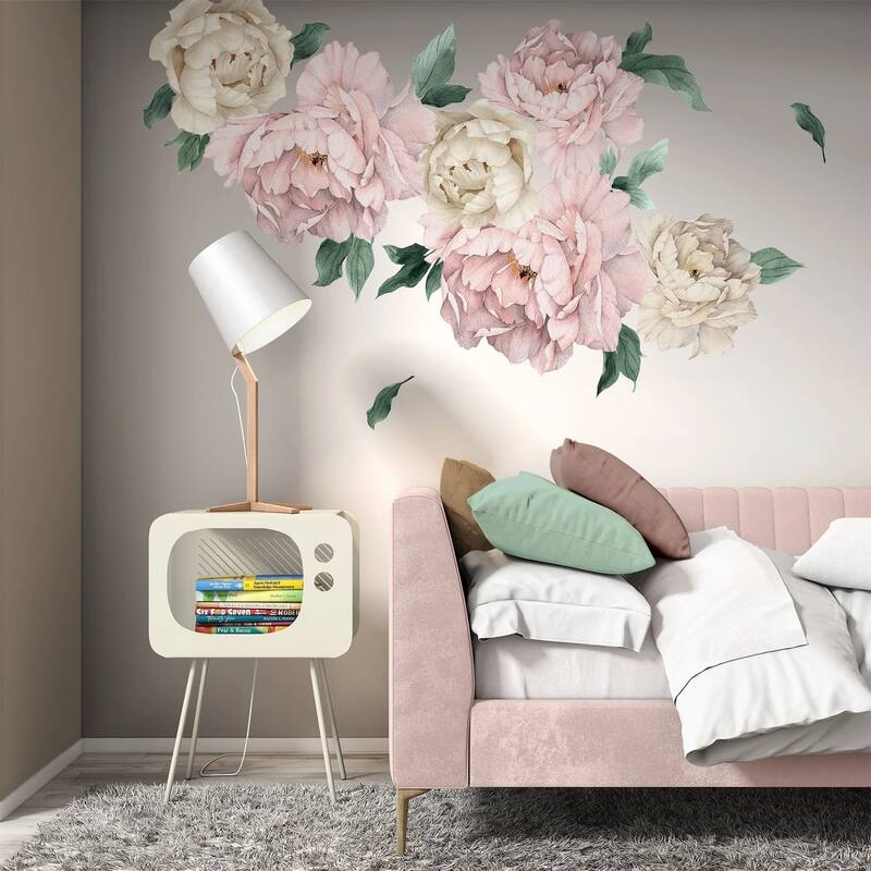 Pink and Beige Peony Flowers Self Adhesive Wall Decal Set