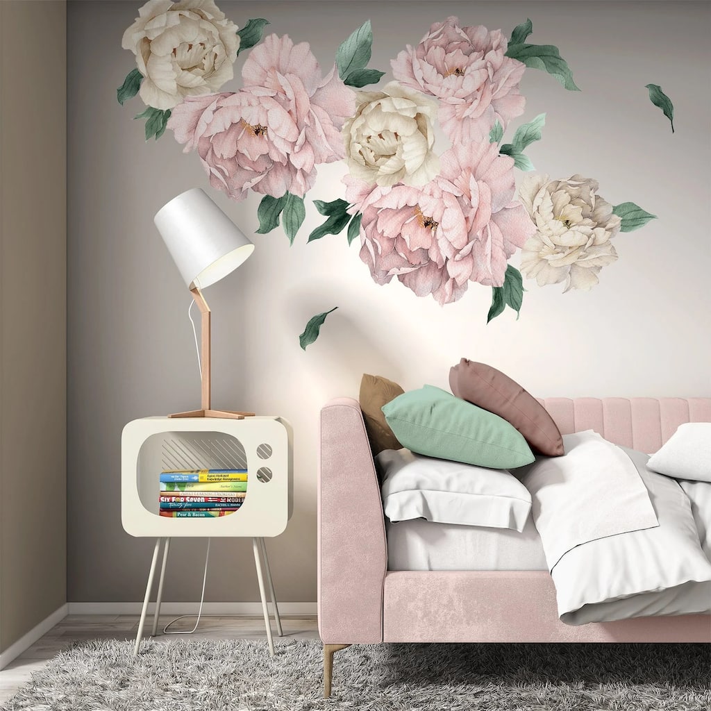 Pink and Beige Peony Flowers Self Adhesive Wall Decal Set