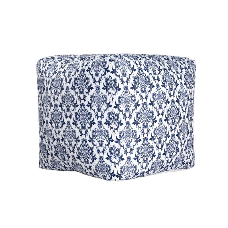 HomeRoots 18" Blue and White Upholstered Floral Pouf Ottoman