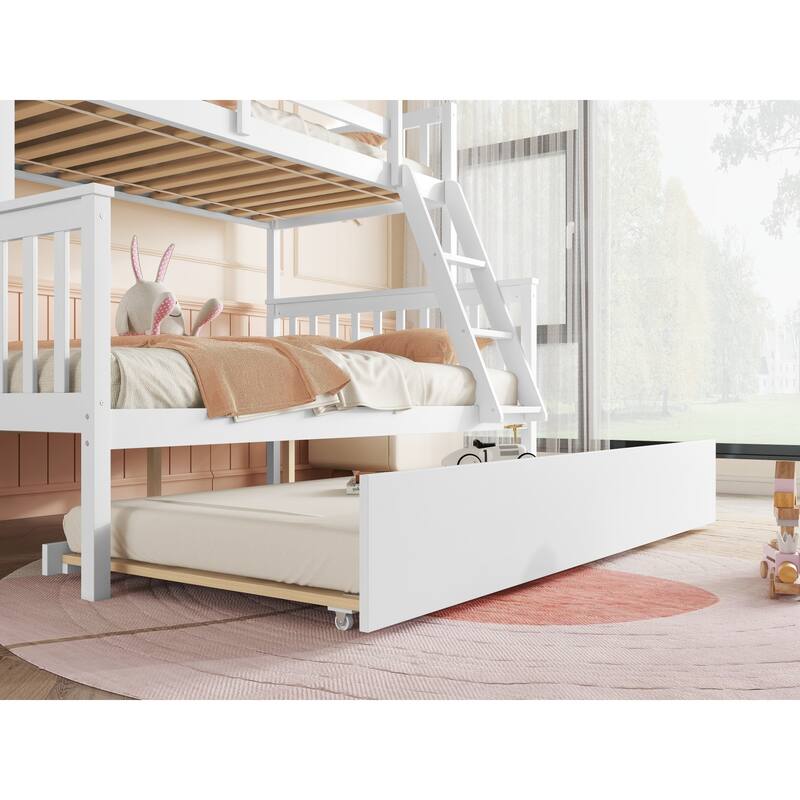 Roomfitters Twin Over Full Rubber Wood Bunk Bed with Trundle, Detachable Convertible Bunk Bed with Ladder and Guardrails