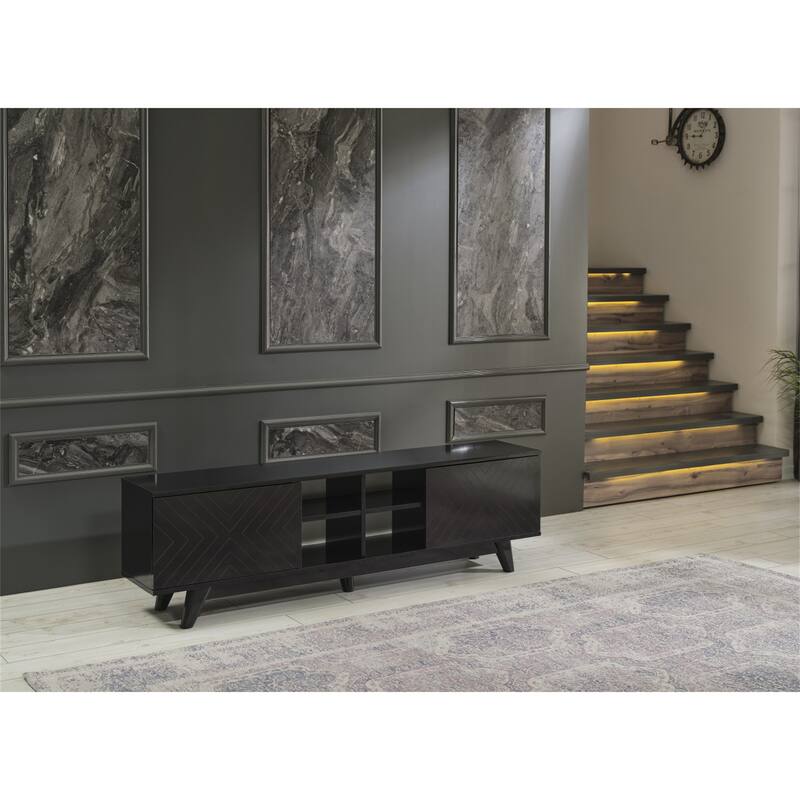 TV Stand Console Wood TV Cabinet with 2 Closet Spaces for Living Room