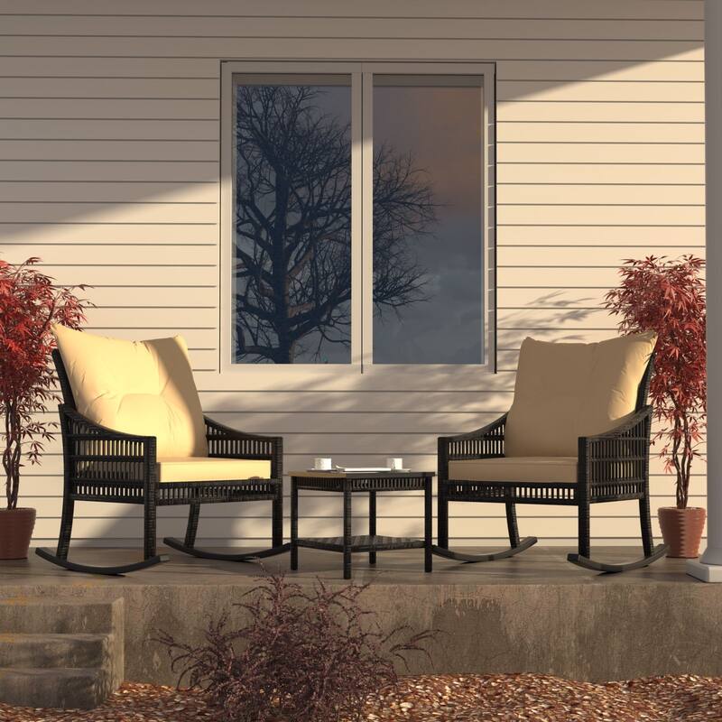VEIKOUS 3-Piece Outdoor Wicker Patio Porch Rocking Chair and Rattan Coffee Table Set with Cushions and Pillows - cream white