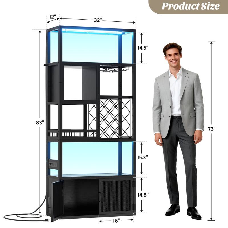 82.6" Tall Wine Cabinet with Glass Holder & Wine Rack，6-Tiers Liquor Storage Cabinet with LED Lights ＆ Charging Station