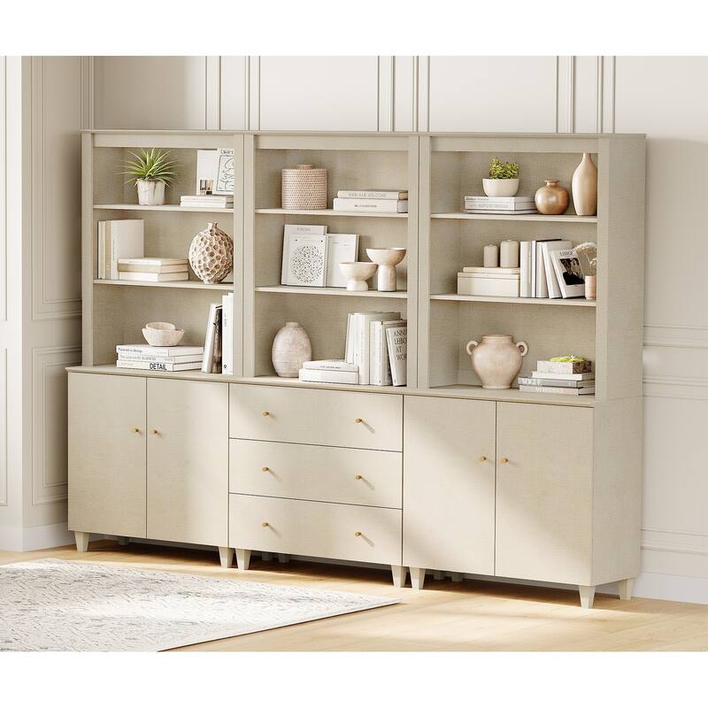 WAMPAT 71" Tall Bookshelf Set of 3, 5-Tier Modern Bookcase with 2 Cabinets and 3 Drawers for Living Room