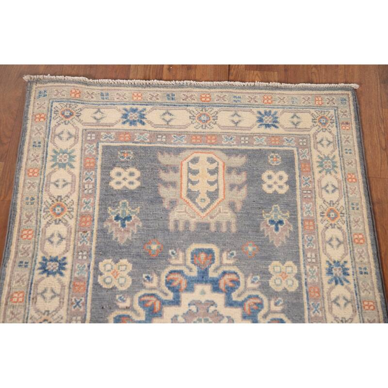 Geometric Gray Kazak Accent Rug Wool Carpet - 2'7" x 4'1"