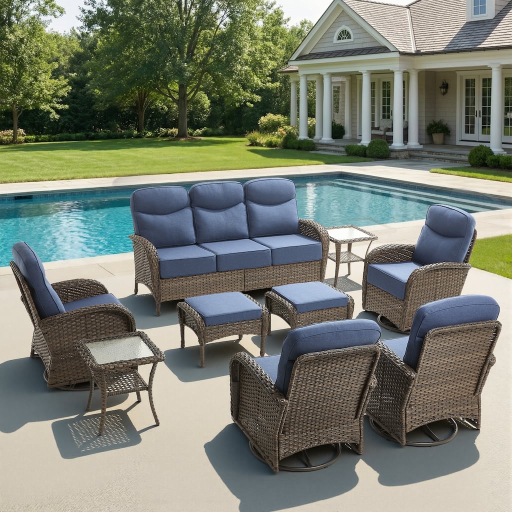 Pocassy Outdoor 9-Piece Sofa Swivel Chiar with Ottoman