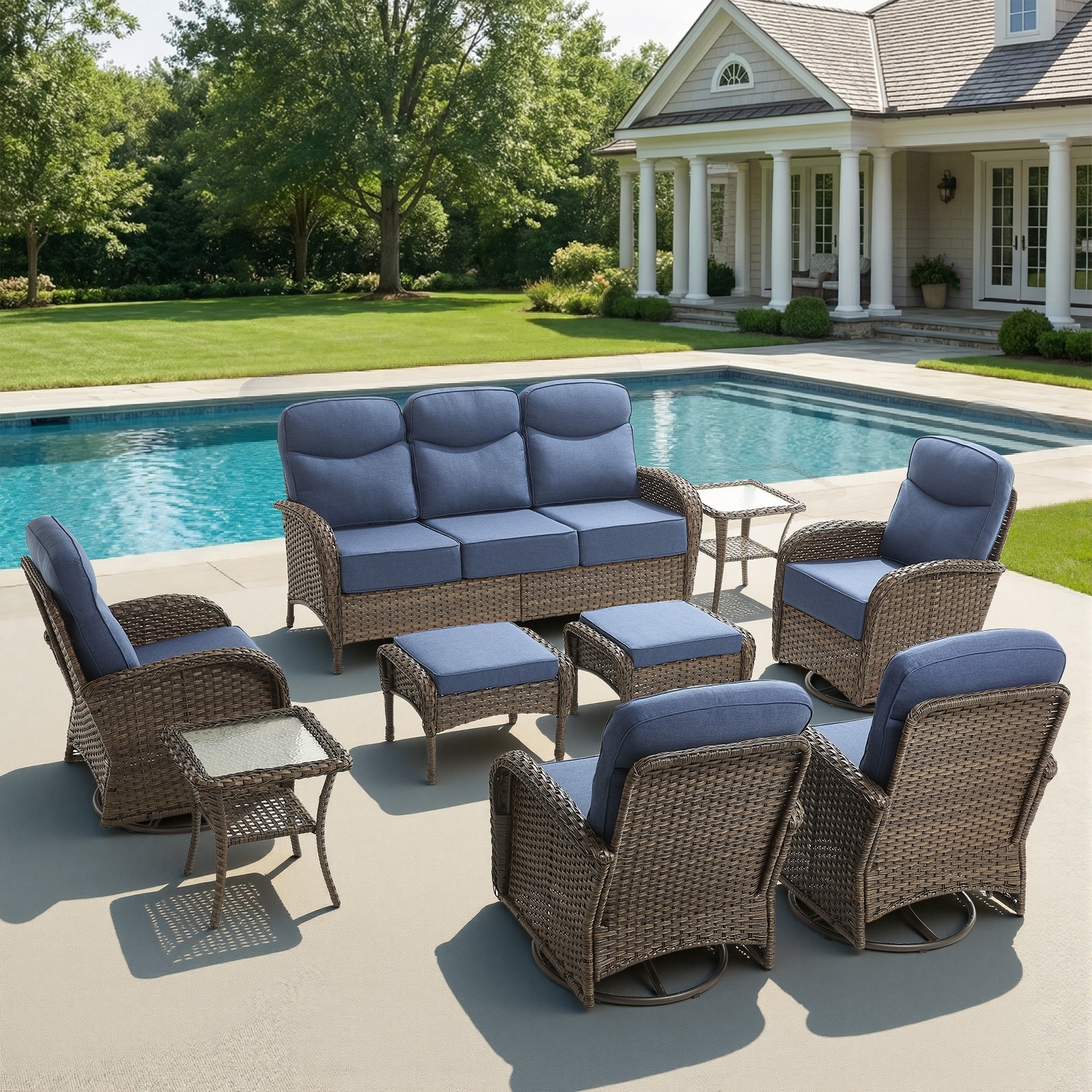 Pocassy Outdoor 9-Piece Sofa Swivel Chair with Ottoman