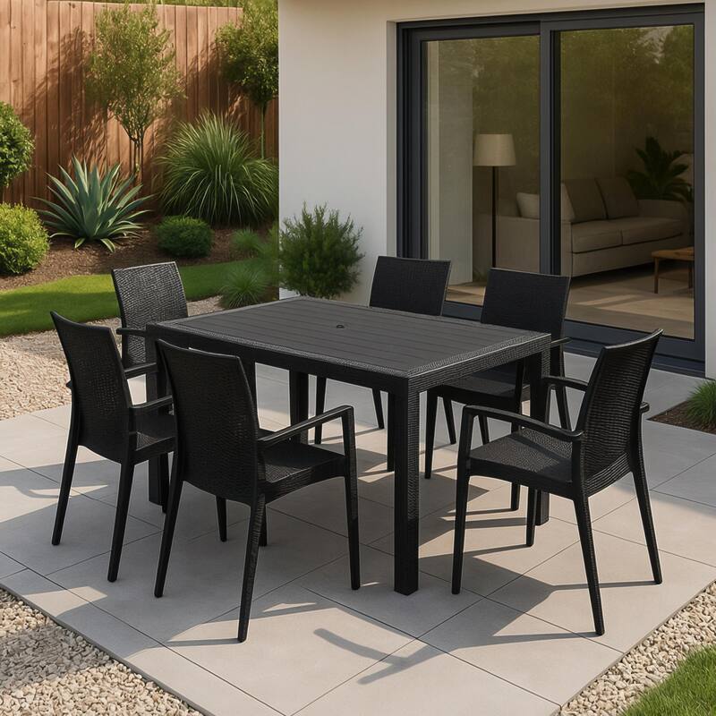 LeisureMod Mace 7-Piece Outdoor Dining Set with 4 Chairs 2 Arm Chairs - 28"