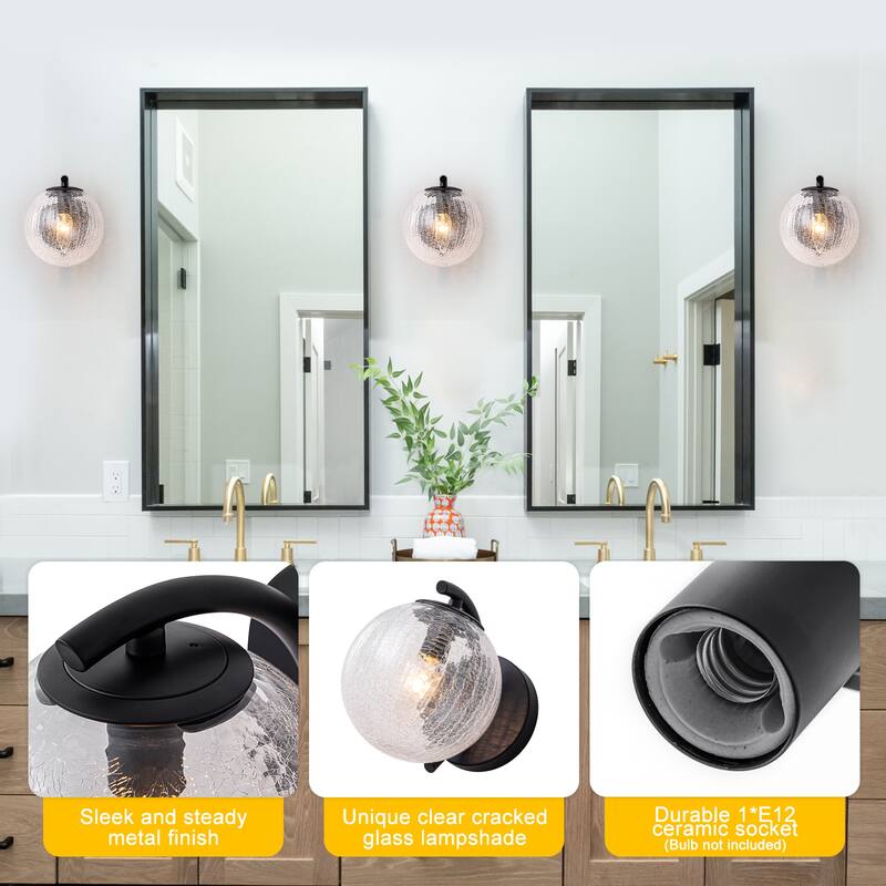 Modern Matte Black Metal Wall Sconce Round Clear Cracked Glass Shade