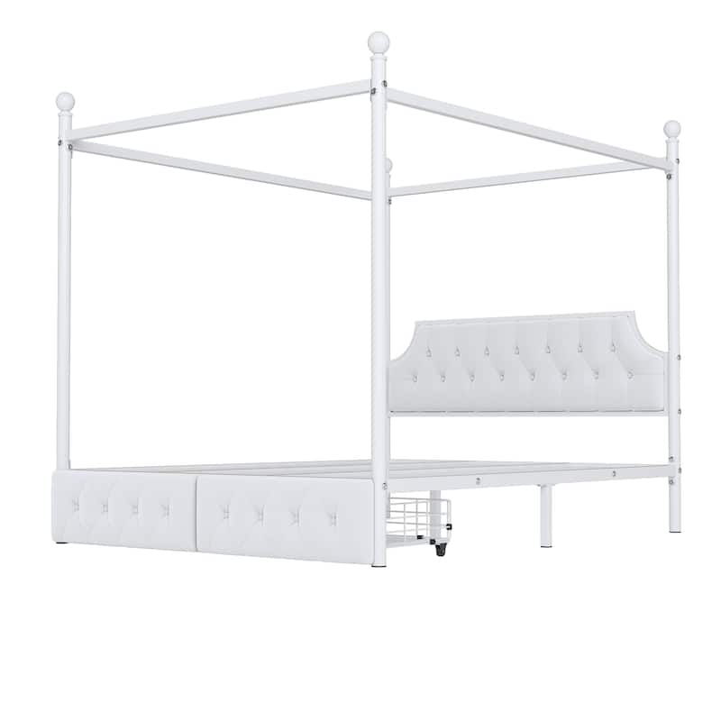 Queen Size Metal Canopy Platform Bed with Headboard and Storage Drawers