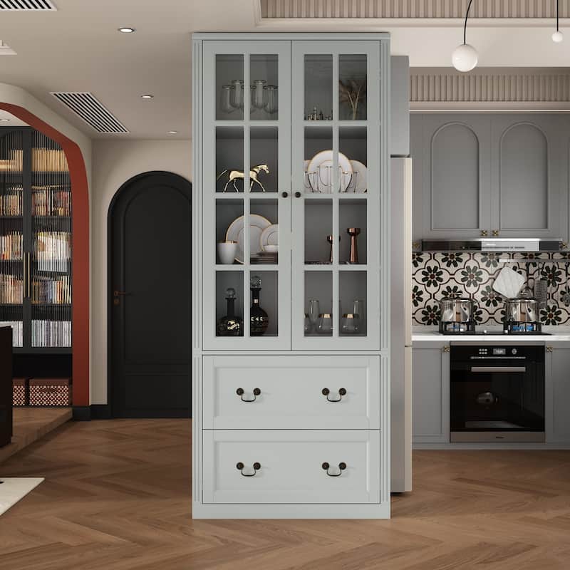 78.7" Combo Buffet Bookcase Storage Cabinet Glass Bookshelf Display