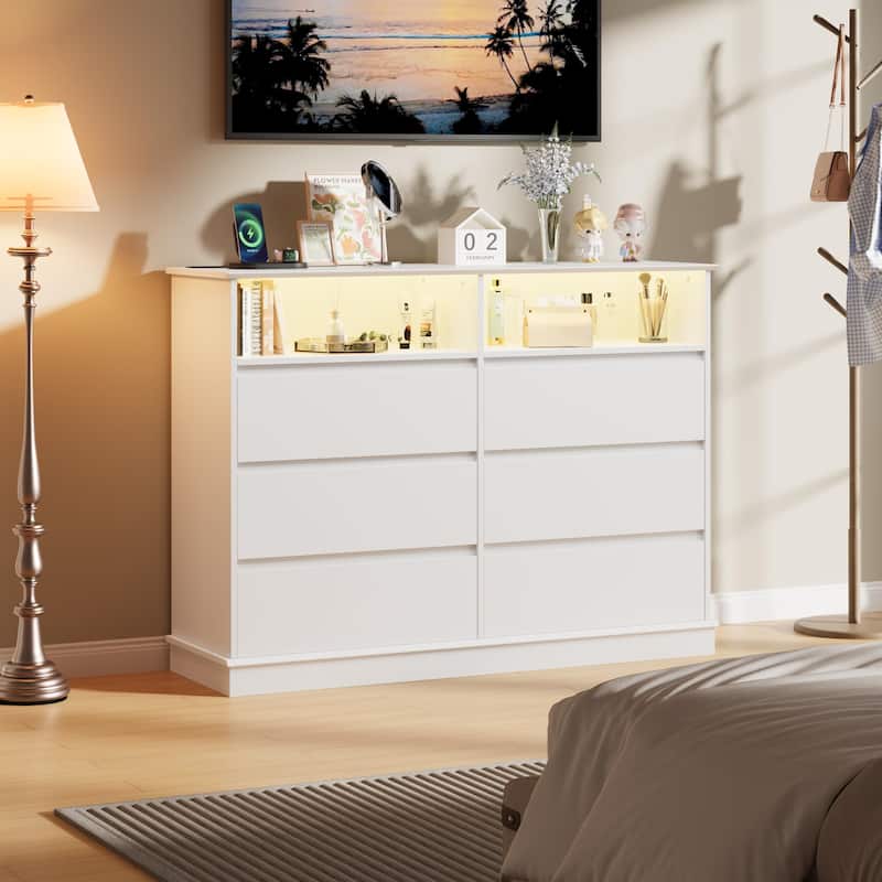 6 Drawer Dresser with LED Lights & Charging Station, Modern Chest of Drawers with Open Shelf