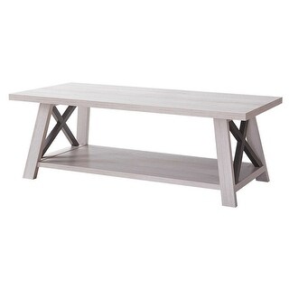 Tess 47 Inch Farmhouse Coffee Table, 1 Shelf, Wood, White Oak, Washed