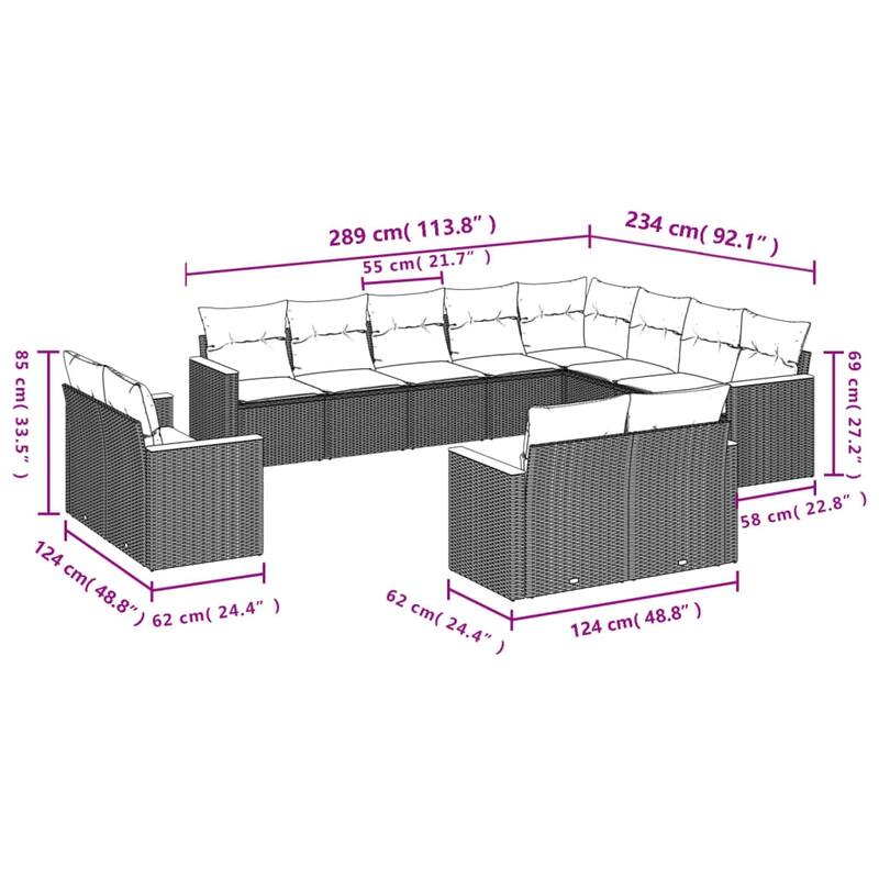 vidaXL 12/13 Piece Patio Sofa Set with Cushions Black/Gray Poly Rattan - 24.4 x 24.4 x 27.2
