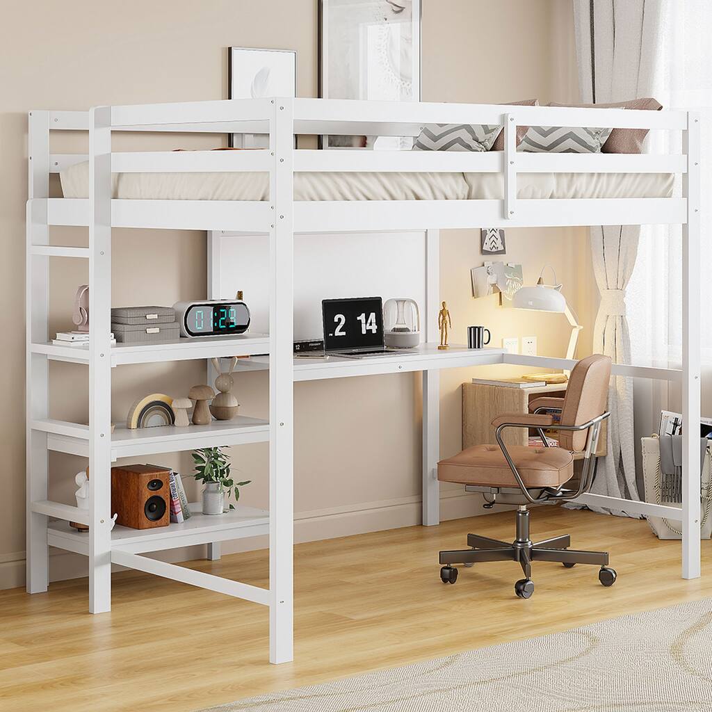 Twin Size Wooden Loft Bed with Desk, Shelves, and Writing Board
