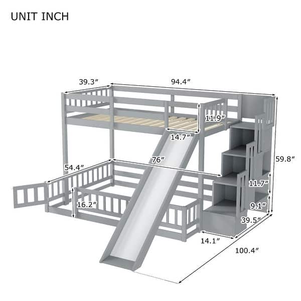 dimension image slide 0 of 2, Twin Over Full Bunk Bed with Slide,Storage Staircase and Safety Guardrails