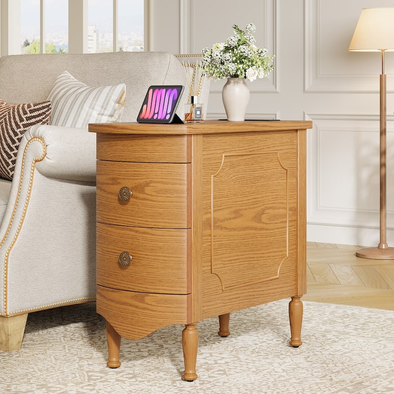 Rossetta Vintage Style Slim Narrow End Table with Convenient Charging Station and Deep Drawers, Easy Assembly