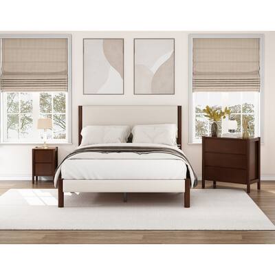 3 Pieces Bedroom Sets Mid Century Modern Upholestery Walnut Wood Frame Queen Platform Bed with Nightstand and Chest