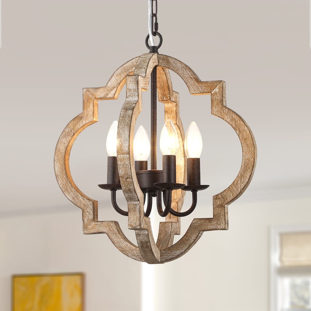 Cusp Barn 4-Light Wood Farmhouse Chandelier, Rustic Dining Room Light Fixture Over Table, Vintage Hanging Pendant Light