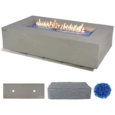 Elementi Plus Meteora Outdoor Fire Pit Table Concrete Rectangular 60000 BTU - 55.9 x 31.9 inches with Lid, Fire Glass, and Cover